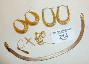 9ct hoop earrings and other gold jewellery (bracelet A/F), combined weight approx. 11g