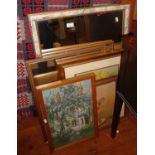 Three gilt-framed wall mirrors, two prints and an oil on board of a garden