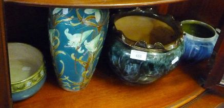 Royal Doulton stoneware jardiniere, 2 smaller similar, and a large Eichwald pottery vase (A/F)