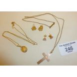 9ct gold chain with religious pendant, 9ct rose gold crucifix, gold earrings, etc.