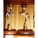 Pair of Art Deco chrome and turned wood lady candlesticks