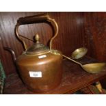 Victorian copper kettle & two brass ladles