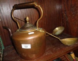 Victorian copper kettle & two brass ladles