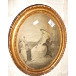 19th c. oval framed mezzotint of a woman with children and a beehive