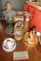 Victorian cast metal oil lamp base, Arts & Crafts copper jug, Studio pottery kettle, copper