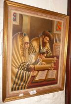Judaic oil painting on board of rabbis with pupil in synagogue studying the torah, signed HOR
