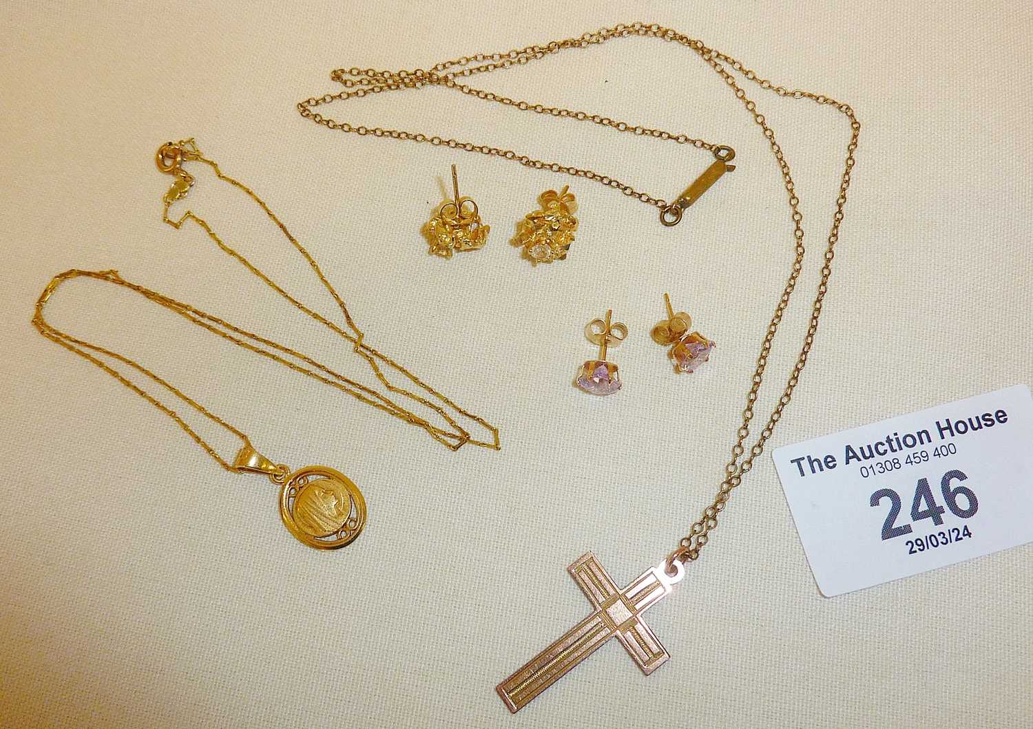 9ct gold chain with religious pendant, 9ct rose gold crucifix, gold earrings, etc. - Image 2 of 2