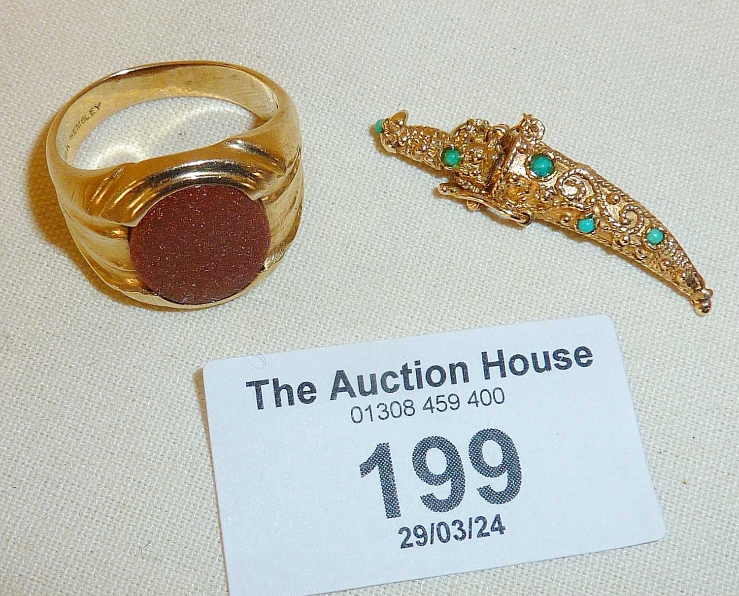 10ct gold signet ring set with a goldstone (approx UK size Q), together with a 10K gold and - Image 3 of 4