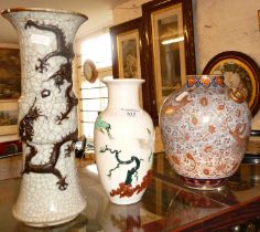 Antique Chinese white vase with overlaid decoration of trees and cranes, together with a Chinese