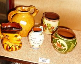 Five pieces of Devon motto ware type art pottery