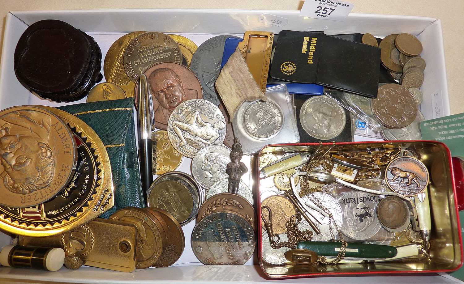 Old coins, medallions, wrist watches, penknives, etc.