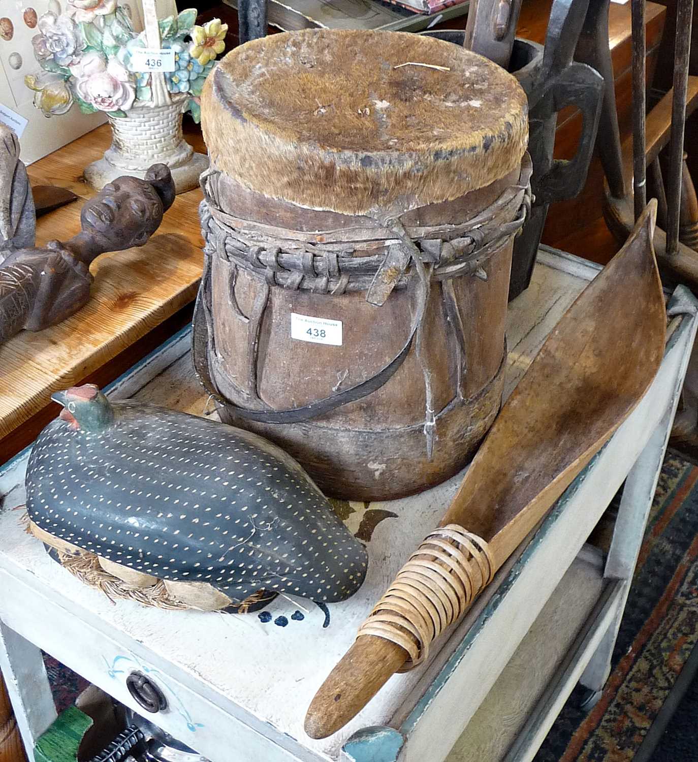Tribal Art: African wood and hide milk vessel with drum top, a bamboo grain scoop and 7 other items