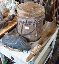 Tribal Art: African wood and hide milk vessel with drum top, a bamboo grain scoop and 7 other items