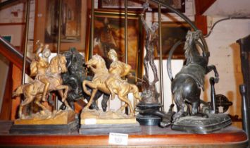 Pair of spelter Marley horses (A/F), a pair of mounted Roman gladiators and another spelter figure