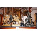 Pair of spelter Marley horses (A/F), a pair of mounted Roman gladiators and another spelter figure