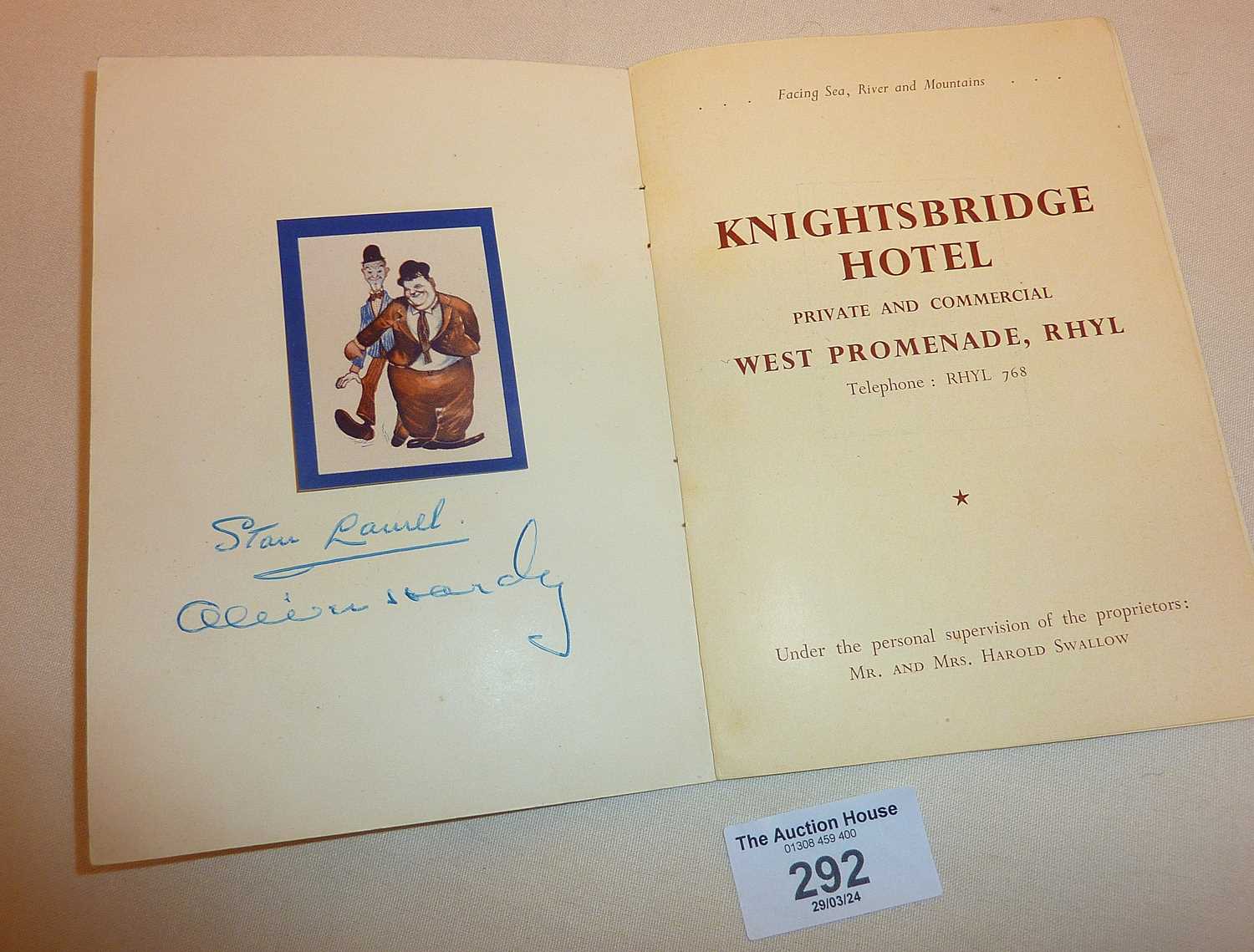 Early 20th c. Knightsbridge Hotel Rhyl brochure with autographs of Stan Laurel and Oliver Hardy - Image 2 of 2