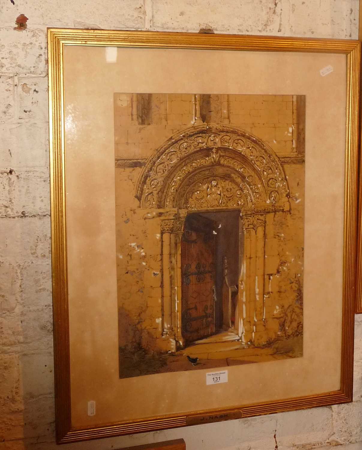 Joseph NASH (1808-1878) watercolour of a church doorway, 18" x 13" image size, 26" x 21" frame - Image 2 of 2