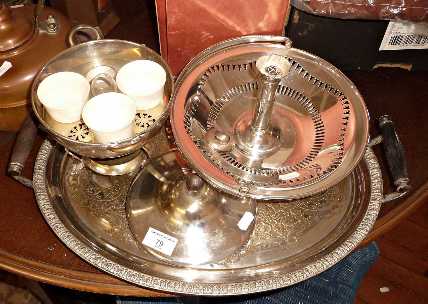 Silver plated hot plate for eggs, oval tray with ebony handles, a silver plate basket and a silver - Image 2 of 2