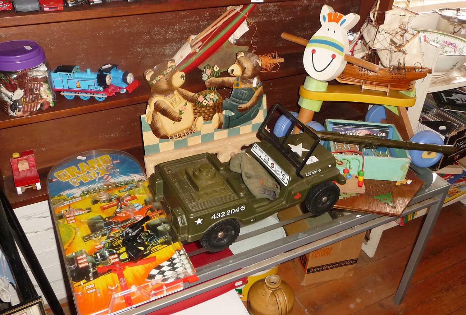 Large quantity of assorted toys inc. 'Grand Prix' bagatelle game, a Charlea Toys willis jeep, toy