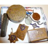 Badges, Victorian medallion, Chinese razor in case, etc.