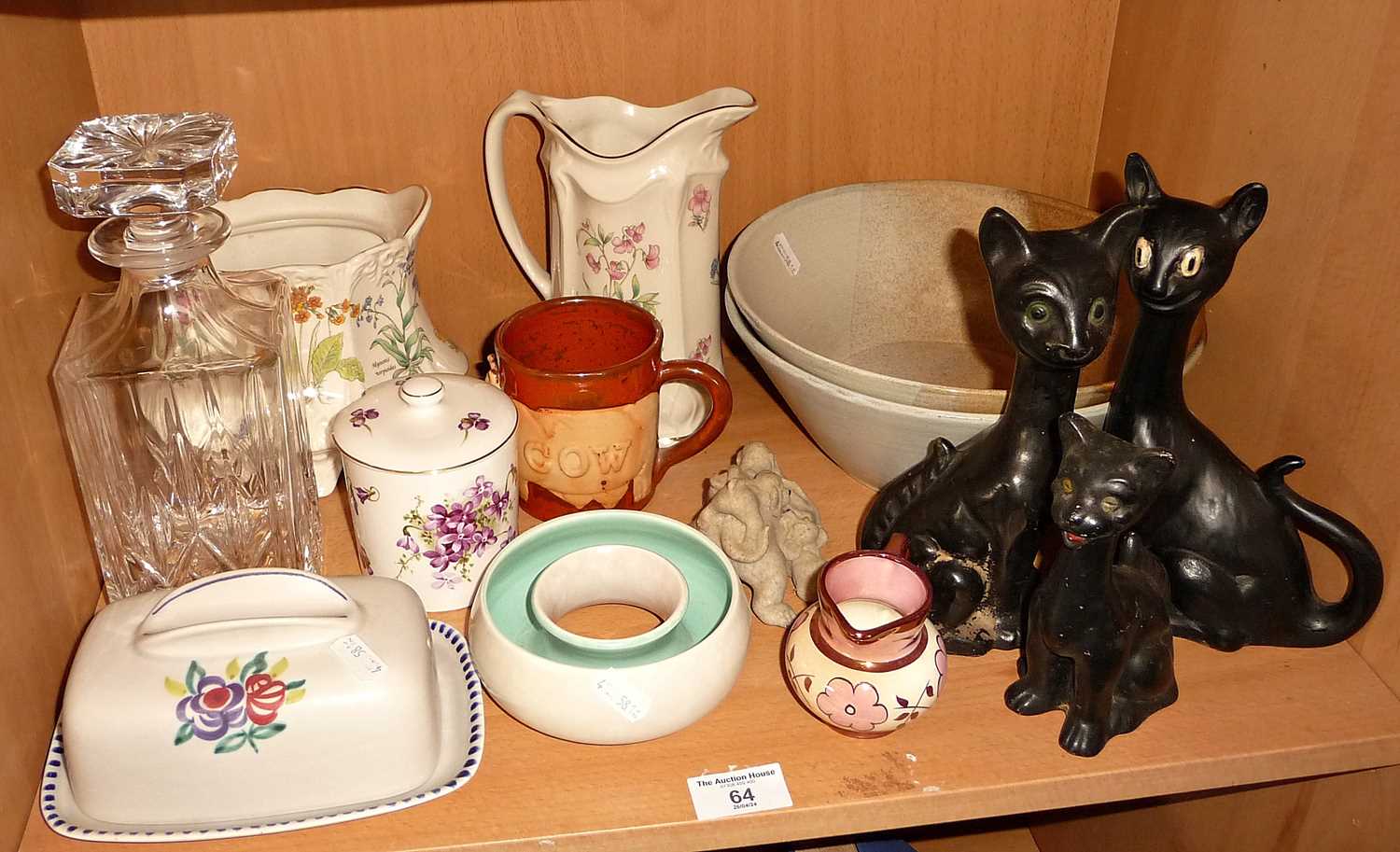 Poole Pottery butter dish, three scary cat figurines and other china with a glass decanter