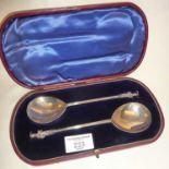 Pair of Edwardian silver seal top Apostle spoons in case, hallmarked for Chester 1907, makers mark