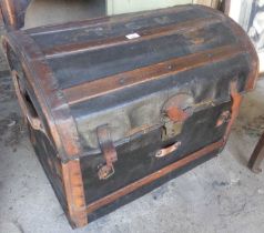 Victorian dome topped leather covered trunk, wood slats and brass lock
