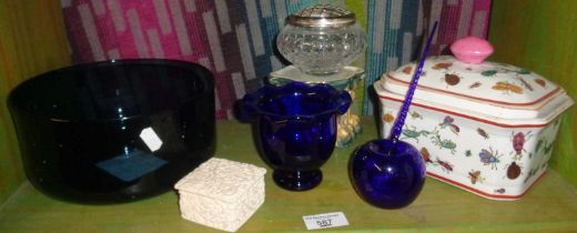 Bristol Blue glass "inkwell and pen", a similar vase, a 1960's Danish green glass bowl, a modern