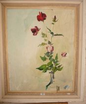1970's large oil on board of a rose, monogram TP, dated 1977