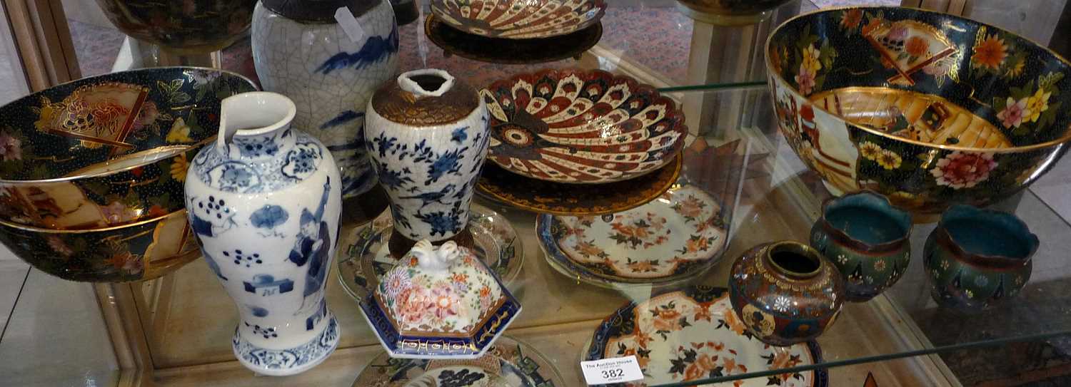 Three Chinese blue and white vases (A/F), three pieces of Chinese cloisonne and three Satsuma bowls