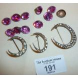 935 silver crescent moon brooches, and silver waistcoat buttons with pink paste stones