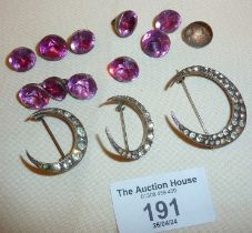 935 silver crescent moon brooches, and silver waistcoat buttons with pink paste stones