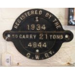 Great Western Railway iron wagon plate - 21 tons, 1934 No. 3844
