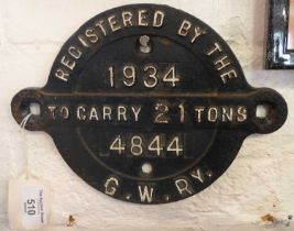 Great Western Railway iron wagon plate - 21 tons, 1934 No. 3844