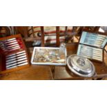 Tray of silver plated cutlery, entree dish and two wooden cased sets of knives and forks