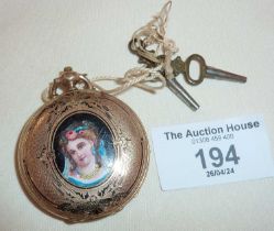 Gold plated pocket watch with enamelled panel showing a portrait miniature of a lady