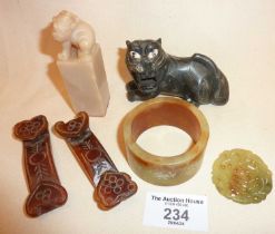 Selection of Chinese items including a soapstone seal; hardstone beast, pendant etc