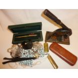 Costume jewellery, Victorian embossing stamp, leather cigar case, etc
