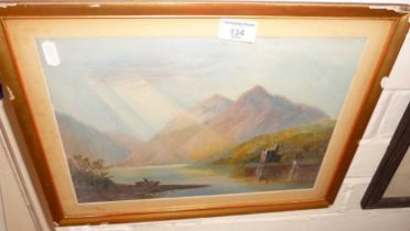 Scottish School, oil on paper of a Loch with castle and boats with mountains in the background,