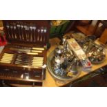 Assorted silver plated trays and cutlery, inc. large oak canteen of cutlery