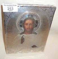 Finely engraved silver covered Russian hand painted icon with Cyrillic hallmark, approx 18cms high