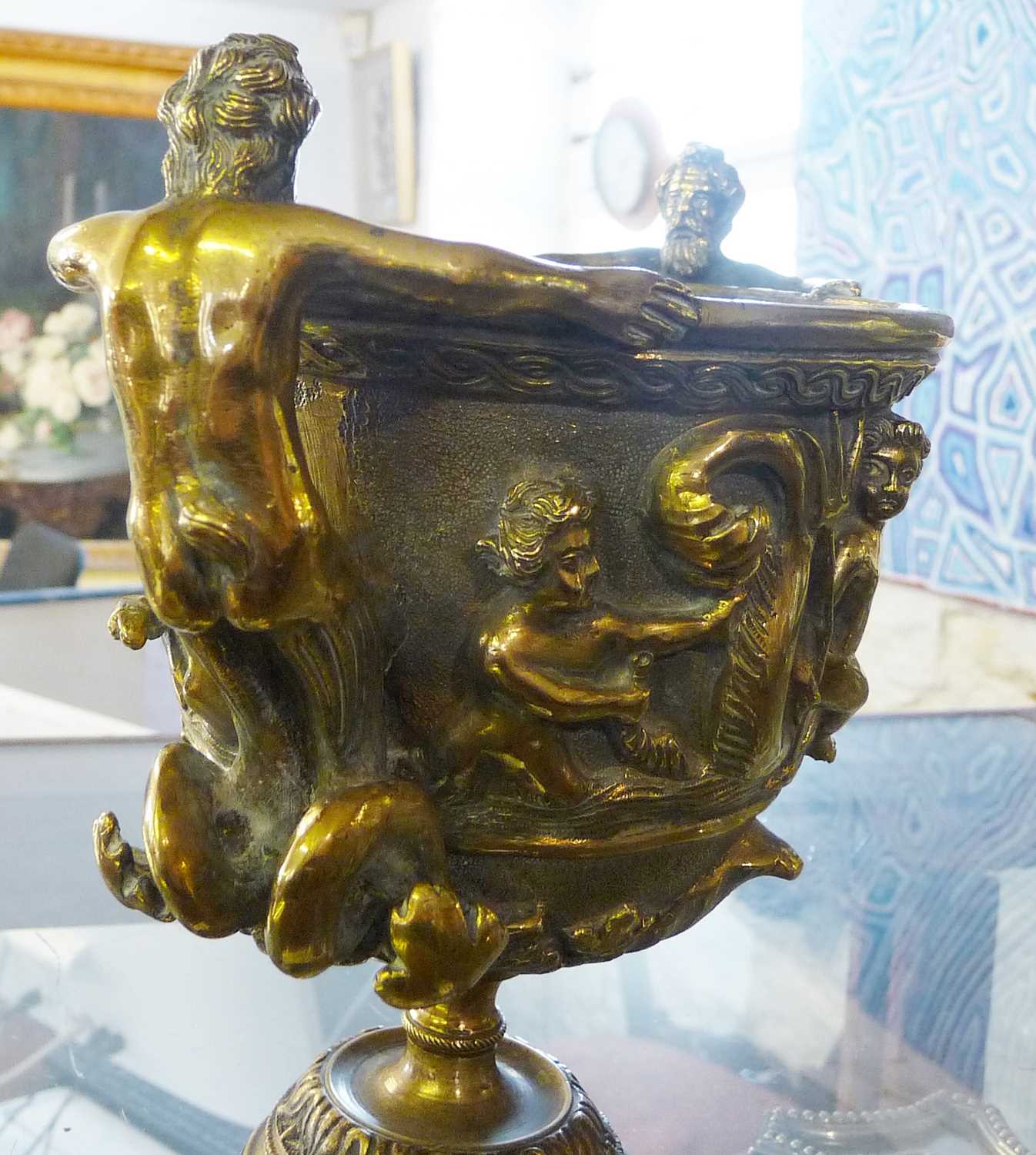 19th century Italian burnished bronze chalice with two Mermen handles and classical marine relief - Image 3 of 3