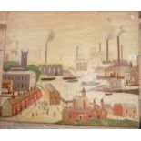 Oil on canvas copy of a Lowry painting "Canal and Factories" of industrial town, 25" x 30"