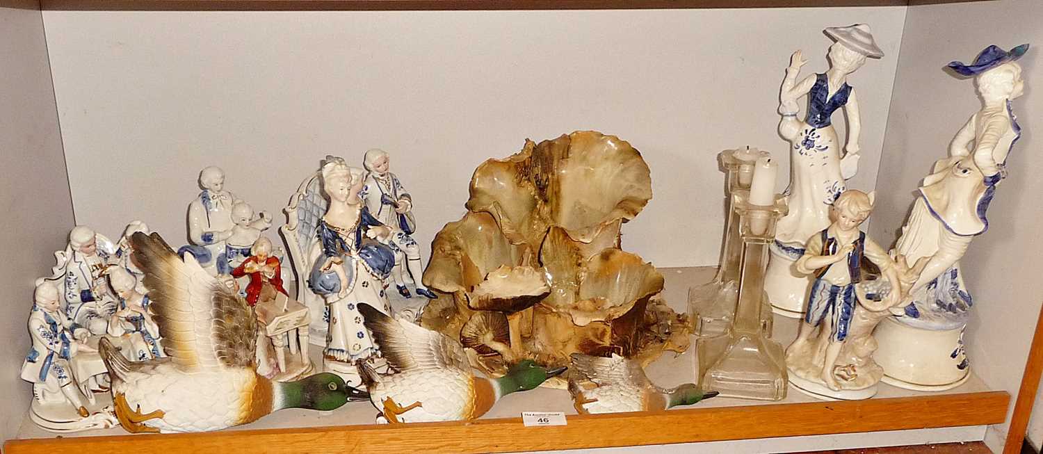 Assorted china figures etc and three flying ducks (resin)