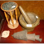 Carved granite pestle and mortar, large egg timer, and a 4-tier heavy metal Middle Eastern camel