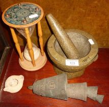 Carved granite pestle and mortar, large egg timer, and a 4-tier heavy metal Middle Eastern camel