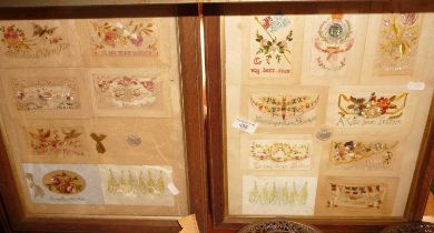 Two framed displays of WW1 embroidered postcards from the forces "To My Dear Mother", sister, etc.