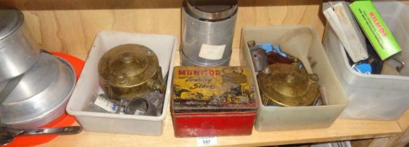 Four assorted vintage camping stoves, inc. Monitor Touring Stove in original tin and accessories