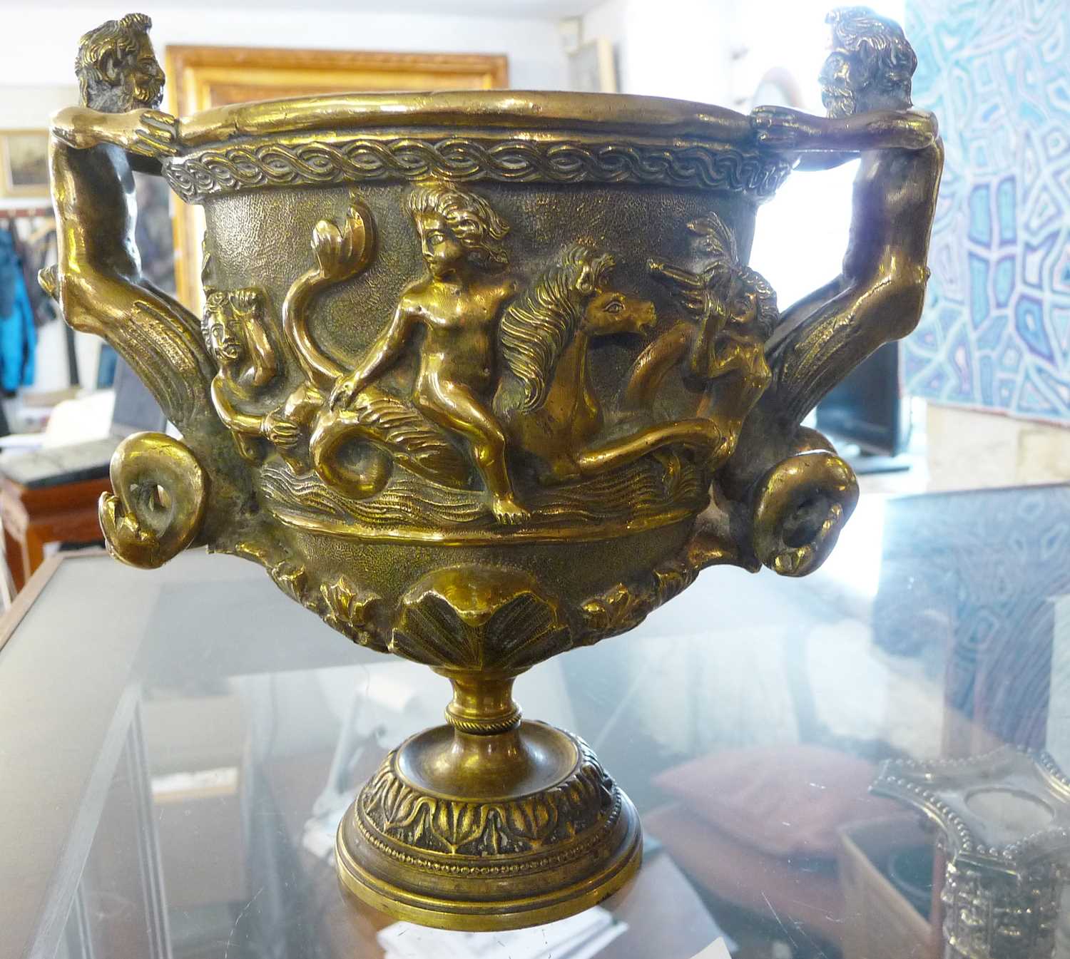 19th century Italian burnished bronze chalice with two Mermen handles and classical marine relief - Image 2 of 3
