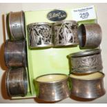 Silver napkin rings, most hallmarked. Combined total weight approx. 184g. (two have celluloid